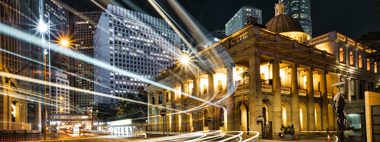 Night view of court building with moving lights effect